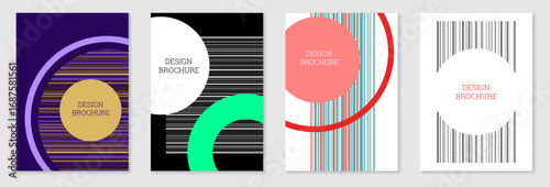 Geometric cover design, set. Abstract unusual background in the style of Memphis. Bright geometric shapes in random order