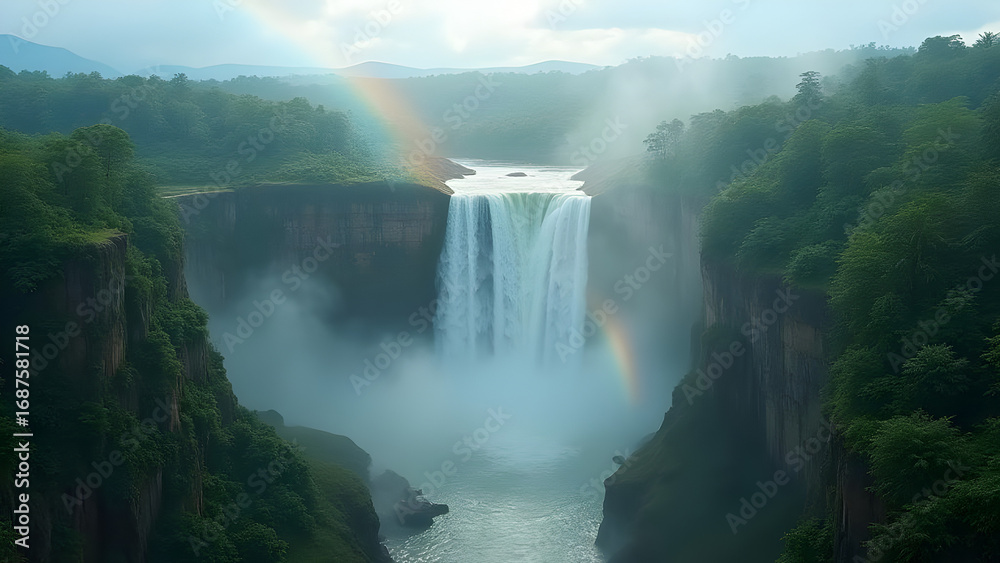 Fototapeta premium Majestic Waterfall Scenery with Rainbow Display Amidst Lush Green Cliffs and Forest