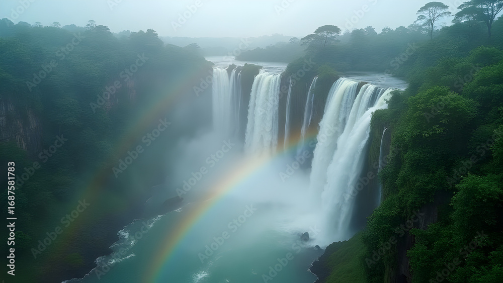 Fototapeta premium Majestic waterfalls cascading into a pool with a radiant rainbow cutting through