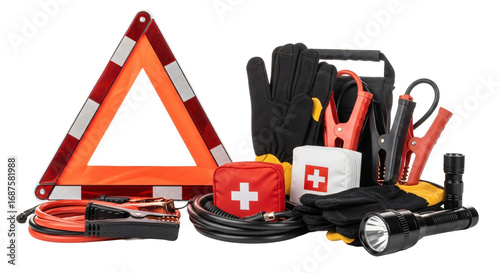 Comprehensive Car Emergency Kit with Warning Triangle Jumper Cables First Aid and Flashlight.