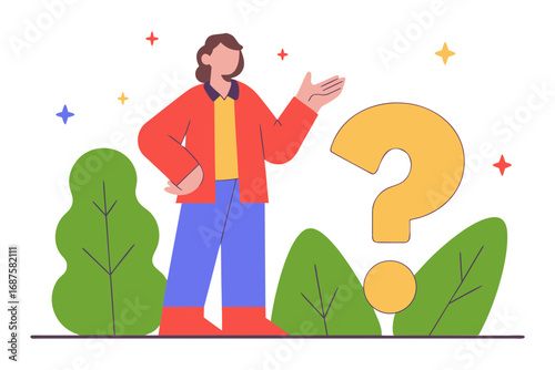 Person with question mark and plants isolated on transparent background