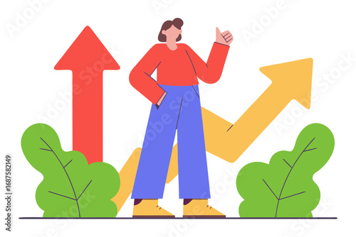 Person giving thumbs up with upward trending arrows isolated on transparent background