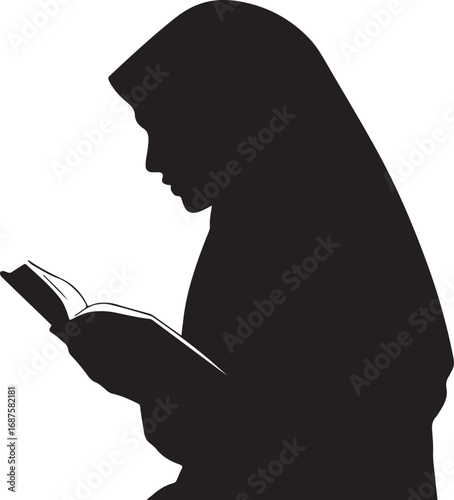 Black silhouette of a woman wearing a hijab reading an open book vector