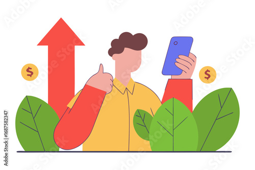 Man with phone and upward arrow isolated on transparent background