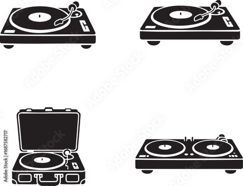 Vintage record vinyl player silhouette set vector illustration isolated on transparent background