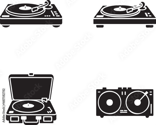 Vintage record vinyl player silhouette set vector illustration isolated on transparent background