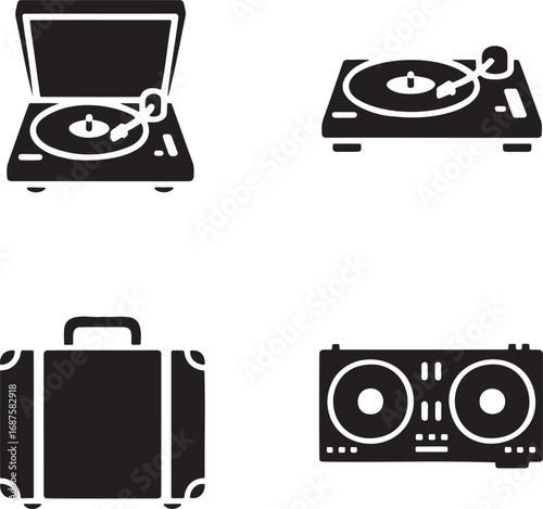 Vintage record vinyl player silhouette set vector illustration isolated on transparent background