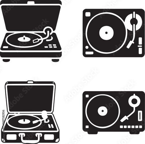 Vintage record vinyl player silhouette set vector illustration isolated on transparent background