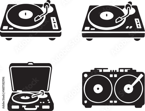 Vintage record vinyl player silhouette set vector illustration isolated on transparent background