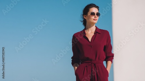 Stylish woman in maroon outfit stands confidently against blue s
