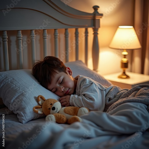 A little boy sleeps in his bedroom in a sweet, peaceful sleep, a night light is shining on the bedside table.