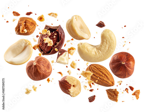 Set of various crushed dried nuts close-up in the air on a white background