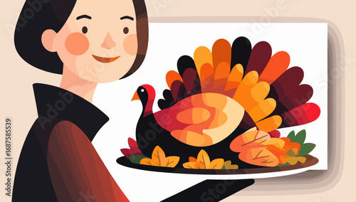 Young woman smiling while holding a decorative turkey platter