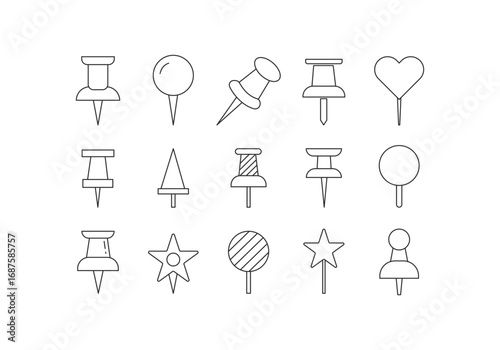 Push pins icon bundle. Memo, notice, reminder, fix, stick icon line art style vector template