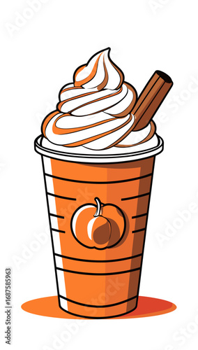 Pumpkin spice latte in a cup topped with whipped cream and a cinnamon stick