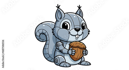 Adorable cartoon robot squirrel holding a large acorn, with metallic gray plating and expressive eyes.