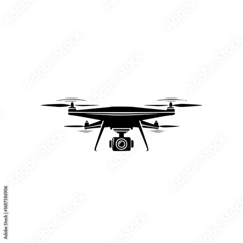 A minimalist black quadcopter drone silhouette, perfect for a modern technology logo or icon design