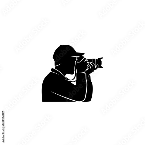 Minimalist black silhouette logo of a photographer holding a camera, perfect for photography businesses and creative brands