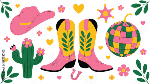 Festive Western Pattern with Cowboy Boots Hat Cactus Disco Ball and Floral Elements Celebrating the Wild West