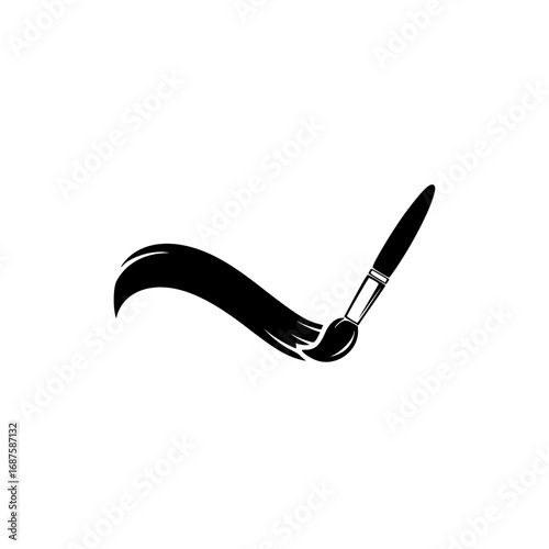 Minimalist black silhouette of a paintbrush creating a flowing paint stroke, an ideal artist logo or creative design icon