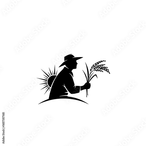 A minimalist black silhouette logo design showcasing a farmer holding a bountiful rice harvest with a rising sun, symbolizing agricultural prosperity and natural growth