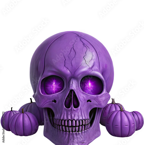 A spooky purple skull with glowing eyes and small pumpkins isolated on transparent background