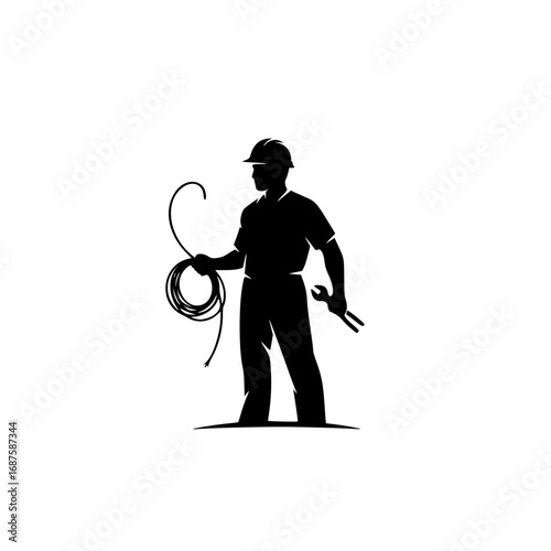 A professional minimalist black silhouette logo of a skilled tradesman or electrician, depicting a worker with a cable and wrench icon for industry