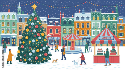 Festive Winter City Scene with Christmas Tree and Snowy Market Illustration for Holiday Season