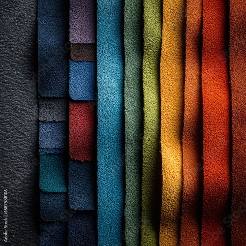 A vibrant array of textured fabric swatches, showcasing a spectrum of colors from deep blues and purples to warm oranges and yellows, creating a visually appealing and tactile composition