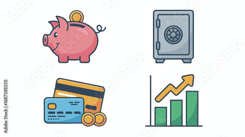 Financial icons representing savings investment security and growth featuring piggy bank safe credit cards and upward trending chart