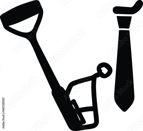 Black Silhouette Icons of a Shovel, a Tie, and a Small Mechanical Device on a White Background Keywords: work, job, career, business, labor, construction, manual labor, tie, necktie, formal wear