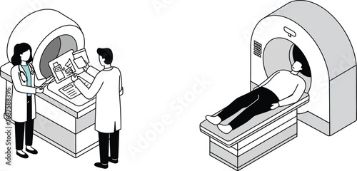 medical professionals operate mri machine while patient lies inside