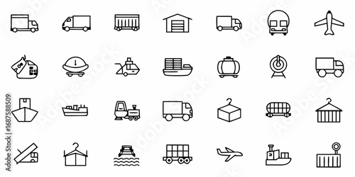 Collection of various transportation and logistics icons including trucks ships and airplanes in outline style