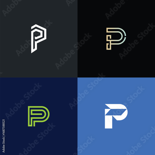 Stylish Set of 4 P Letter Initial Logos – Modern Monogram Alphabet Collection for Branding, Typography, and Creative Graphic Design Projects