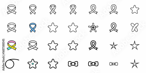 Illustration of various ribbons stars bowties and other shapes arranged in a grid pattern on a white background