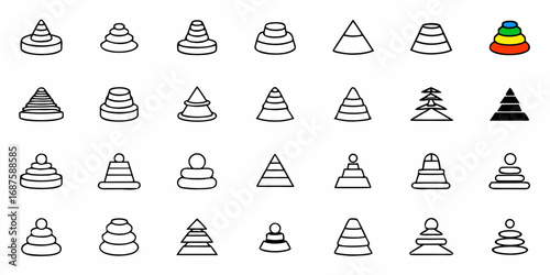 Collection of varied stacking toy icons, including geometric shapes and colorful variations, arranged neatly