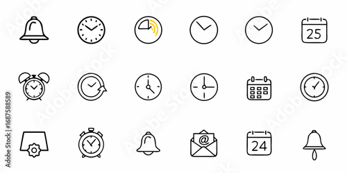 Collection of line art icons depicting clocks calendars notification bells and an email envelope symbol design