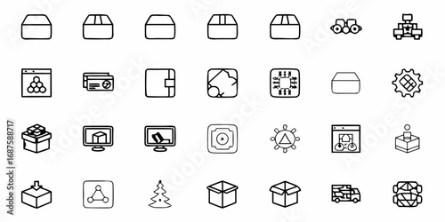Line art icons depicting boxes, technology, finance, and networking concepts in a structured arrangement