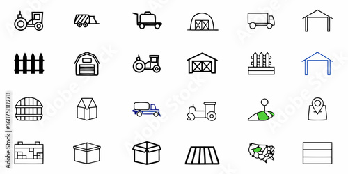 Depiction of various agricultural elements including tractors barns and transport vehicles in line art