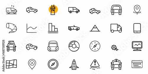 Illustration of various transportation modes and navigation icons including cars, buses, and map symbols