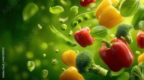 Vibrant green backdrop highlighting colorful bell peppers, broccoli florets, peas, and fresh basil leaves in composition culinary hovering dynamic