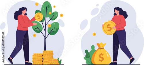 a woman nurturing money tree and carrying large gold coin