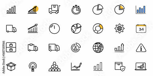 Illustration showing a collection of business and logistics related icons in a linear style format