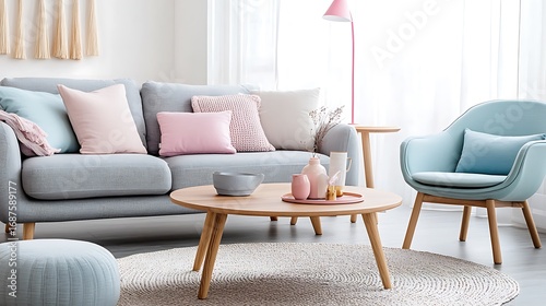 Beautiful Apartment, Sofa, Chair, Dining Table wall Mockup Interior design of modern living room