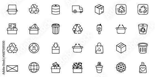 Collection of outlined recycling and waste management icons in a grid arrangement for environmental concepts