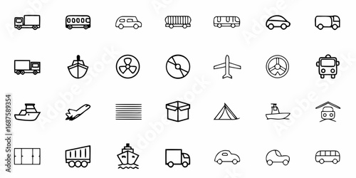 Outline icons depicting various modes of transportation including cars, boats, trucks, and airplanes on white
