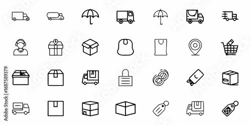 Outline icons depicting shipping, delivery, and e commerce related items in a vector graphic design