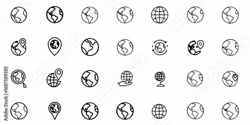 Collection of outline globe icons with continents and map pointers in different styles and orientations