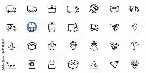 Collection of transportation and delivery icons including trucks trains and airplanes in black and white