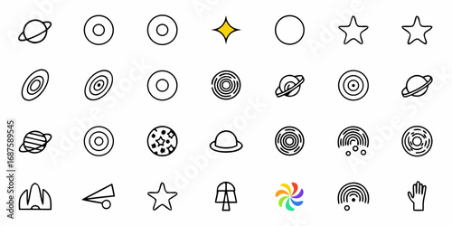 Collection of space themed icons featuring planets stars galaxies and other celestial elements in outline style